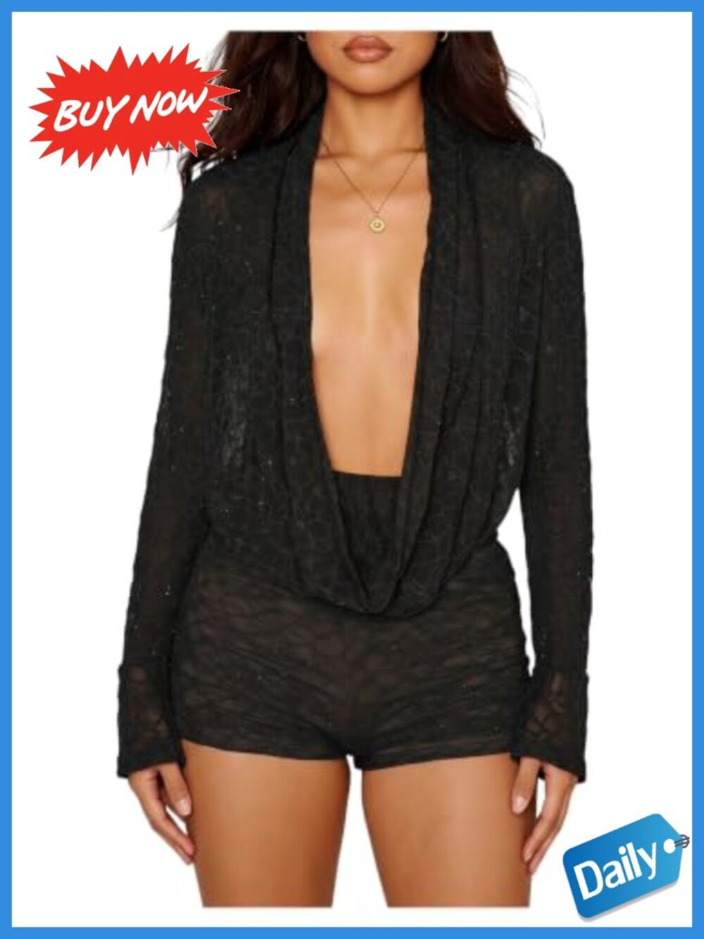 Lace Long Sleeve Sheer Mesh Jumpsuit Romper Deep V Neck Y2K Clubwear